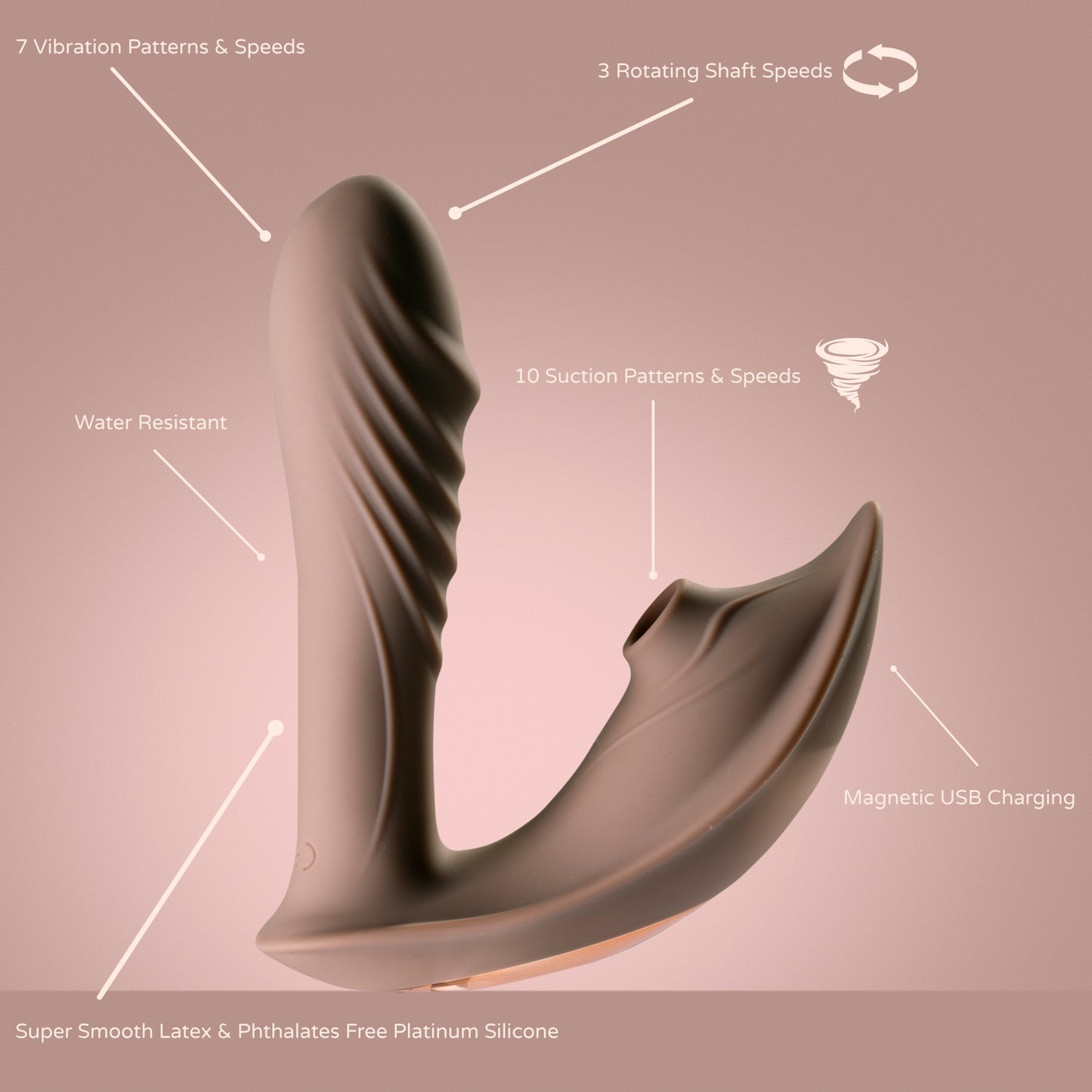 Curved suction-head vibrator with 10 suction modes, 7 vibration patterns, rotating shaft, and body-safe silicone.