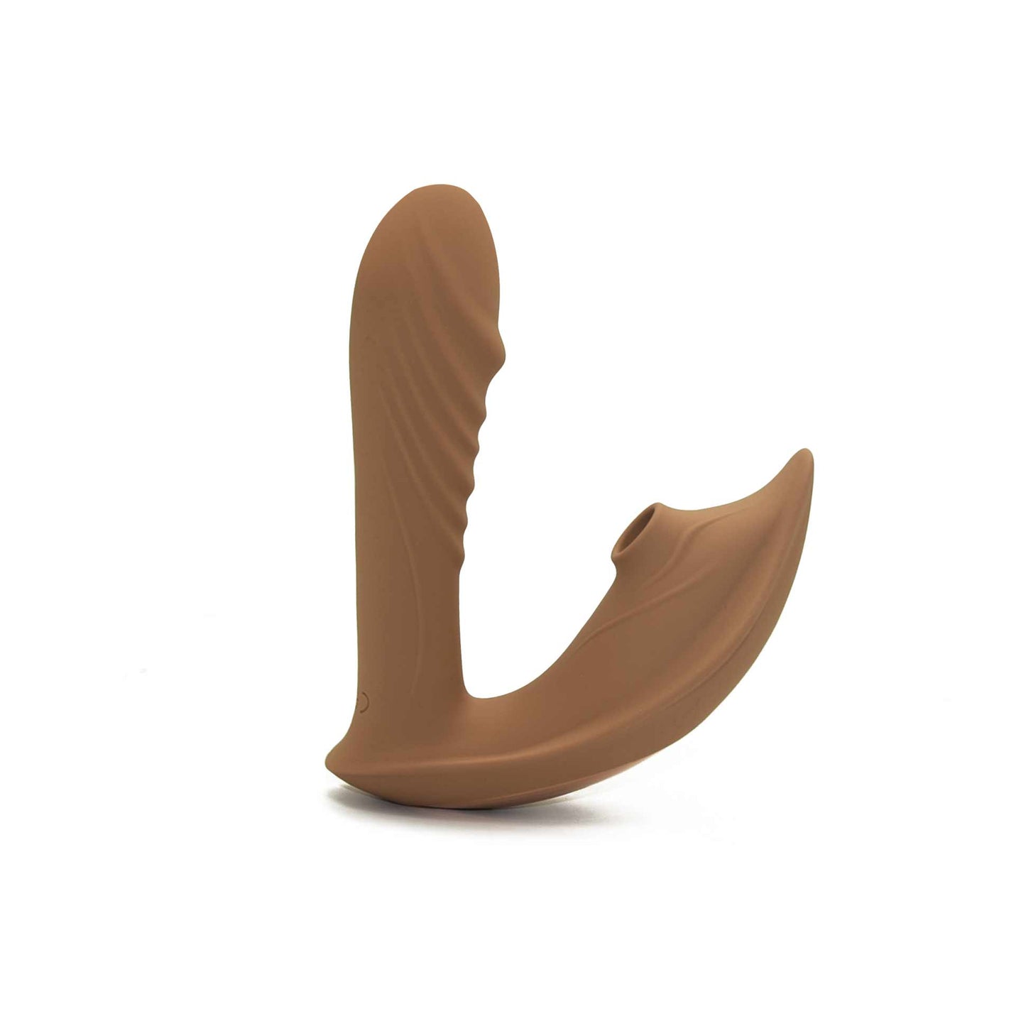 Cocoa clitoral suction vibrator with swinging head standing upright on white background