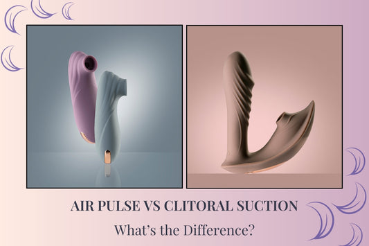 Air pulse vs clitoral suction vibrator comparison image showing two pastel vibrators side by side on a split background with SmootherVibes feather accents.