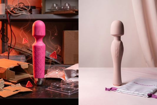 A cheap unsafe-looking vibrator beside a premium body-safe SmootherVibes vibrator with satin storage bag.