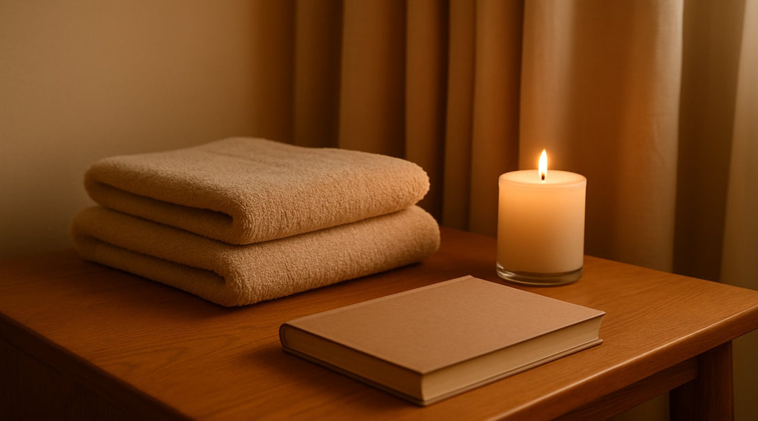 Softly lit bedside scene with folded towels, a candle, and a closed book creating a calming, self-care atmosphere