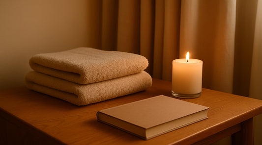 Softly lit bedside scene with folded towels, a candle, and a closed book creating a calming, self-care atmosphere