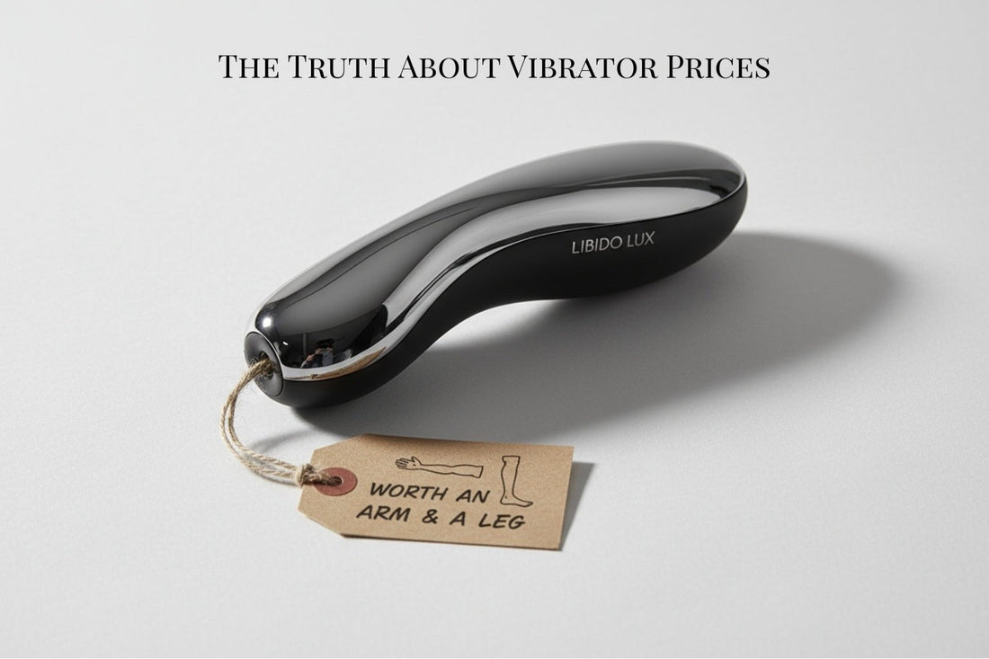 Black luxury vibrator with price tag reading “Worth an arm and a leg,” symbolising overpriced branded vibrators and the truth about vibrator prices.