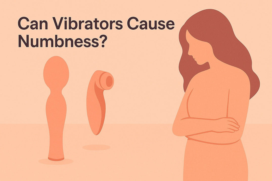 Flat-style illustration of a woman with crossed arms looking at two vibrators, with text reading “Can Vibrators Cause Numbness?” on a warm peach background.