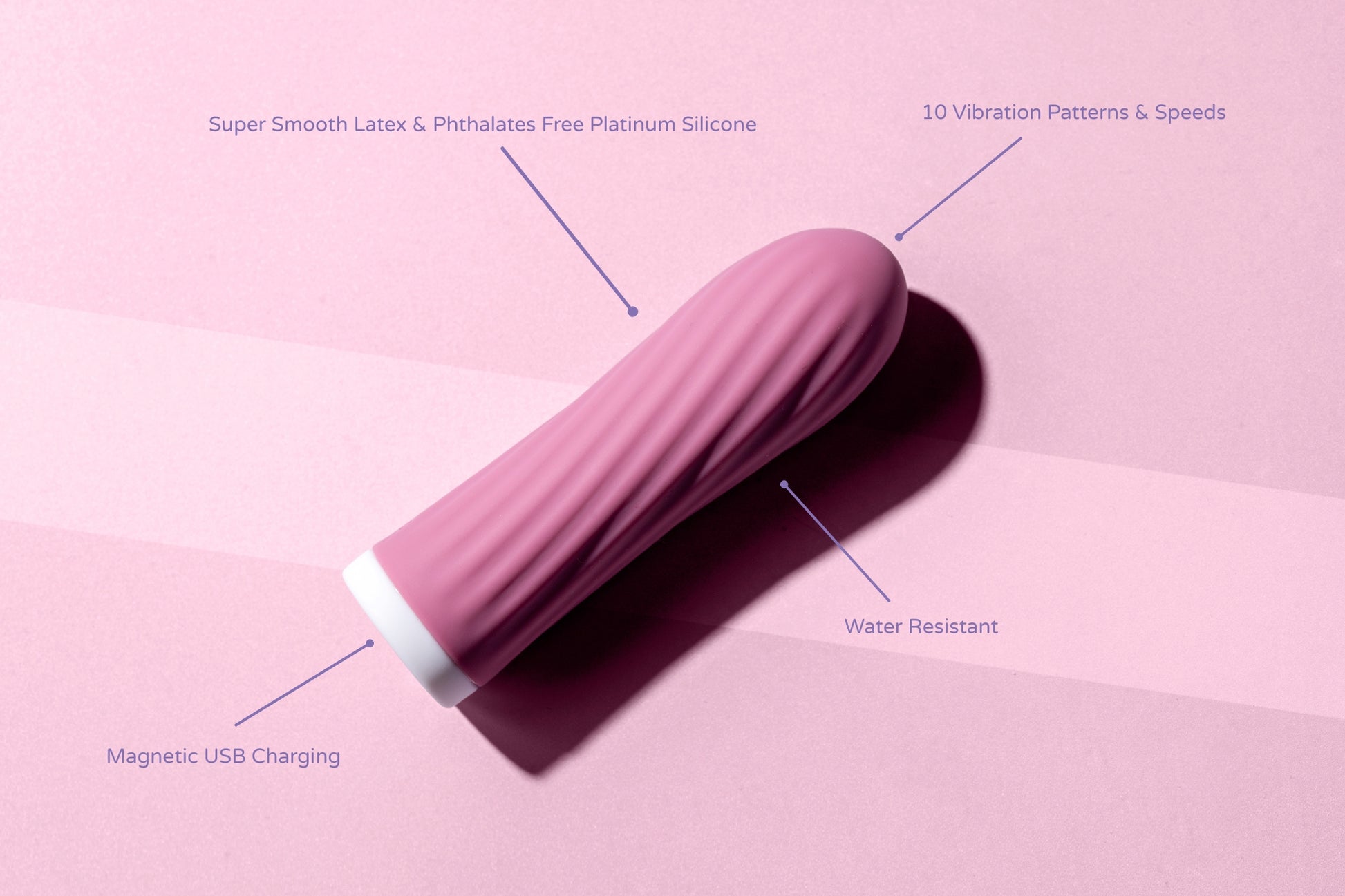 Compact pink bullet vibrator with labelled features: 10 modes, magnetic USB charging, water resistant, body-safe silicone.