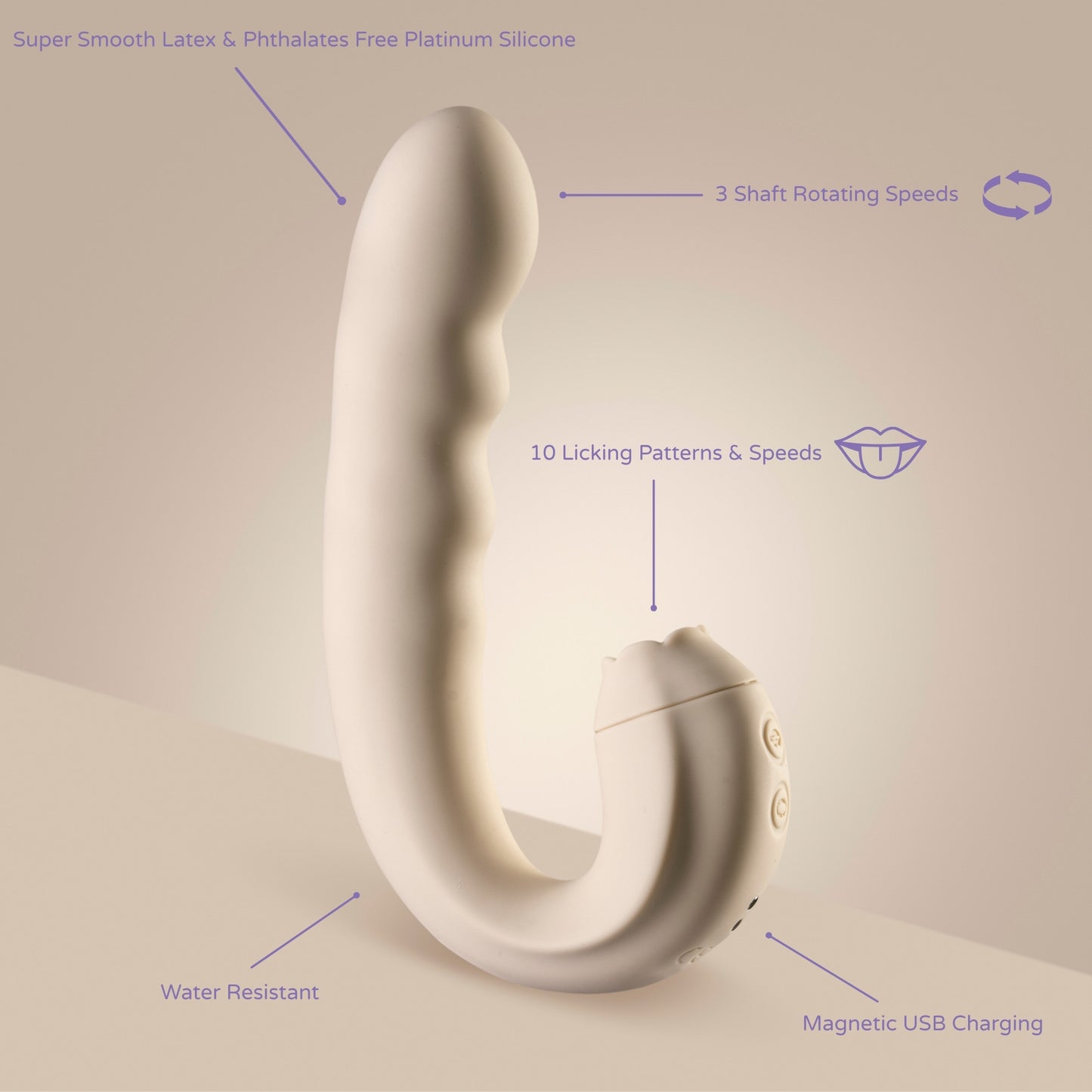 Curved vibrator with 10 licking patterns, 3 rotating speeds, magnetic charging, water resistance, and body-safe silicone.