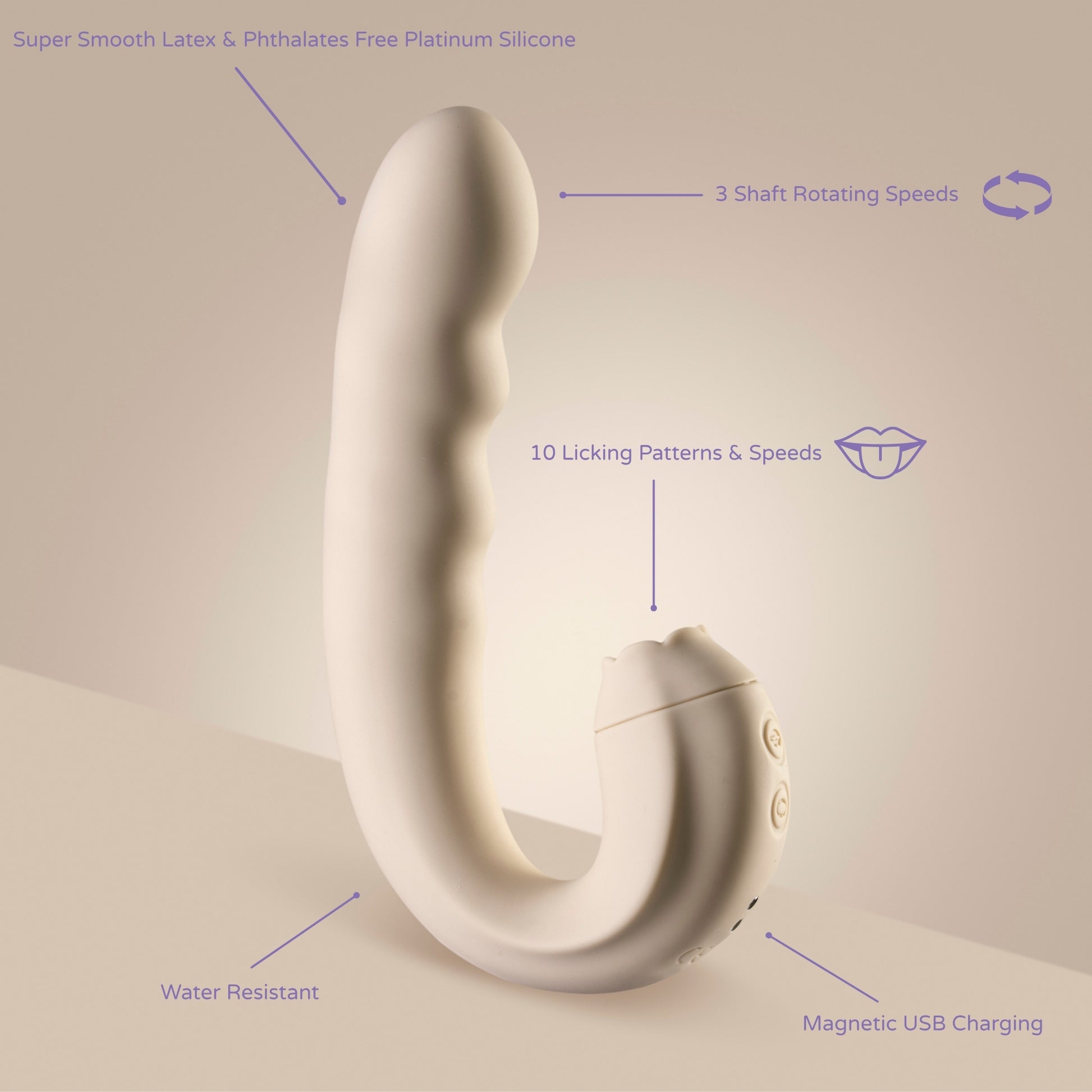 Curved vibrator with 10 licking patterns, 3 rotating speeds, magnetic charging, water resistance, and body-safe silicone.