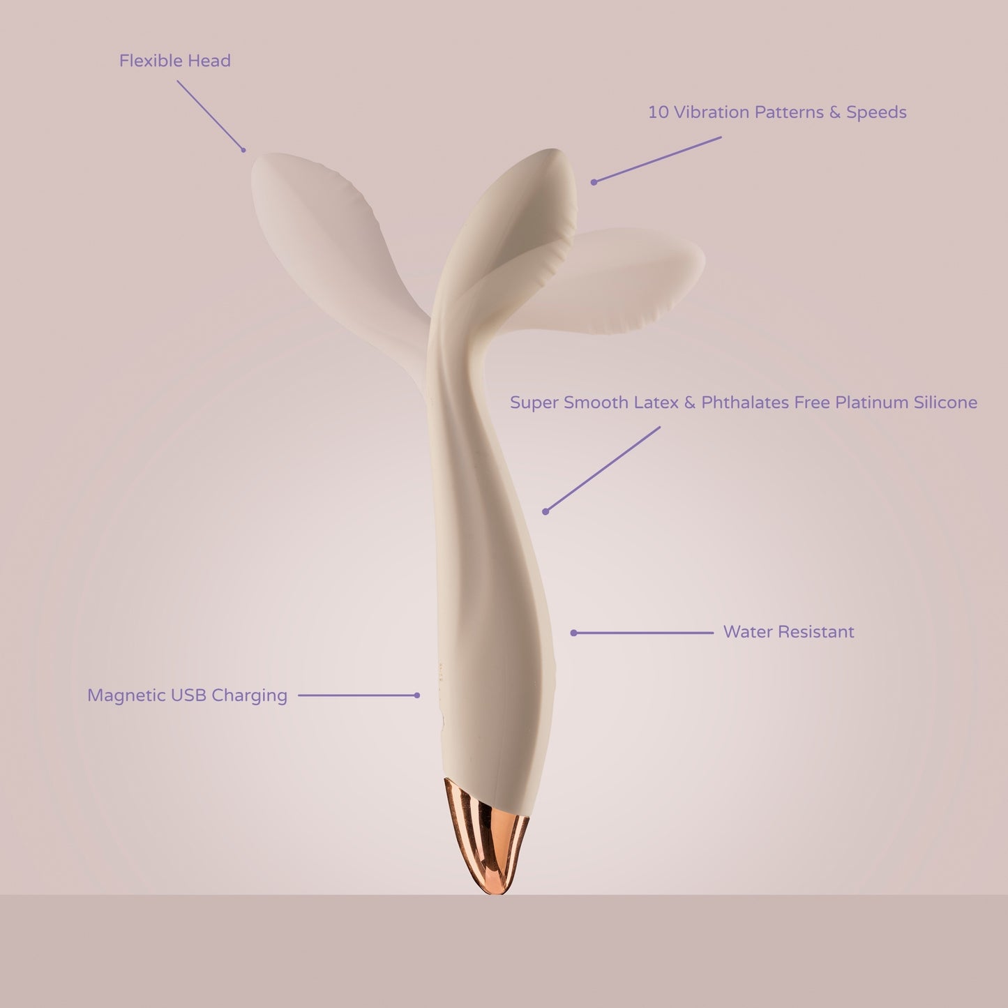 Dual-pronged vibrator with flexible head, 10 vibration modes, magnetic charging, water resistance, and body-safe silicone.