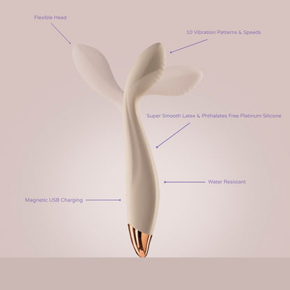 Dual-pronged vibrator with flexible head, 10 vibration modes, magnetic charging, water resistance, and body-safe silicone.