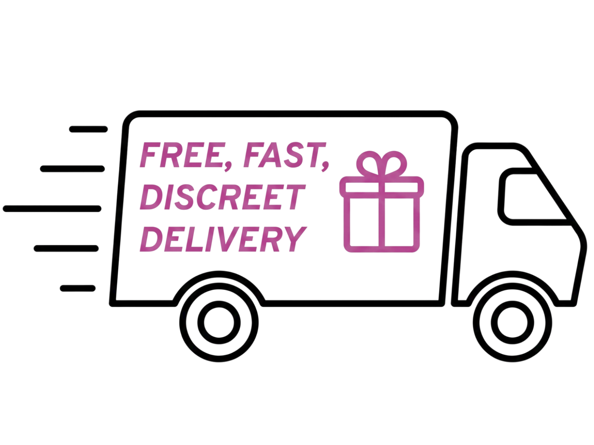 Illustration of a delivery truck with 'Free, Fast, Discreet Delivery' text and a gift icon on a white background.