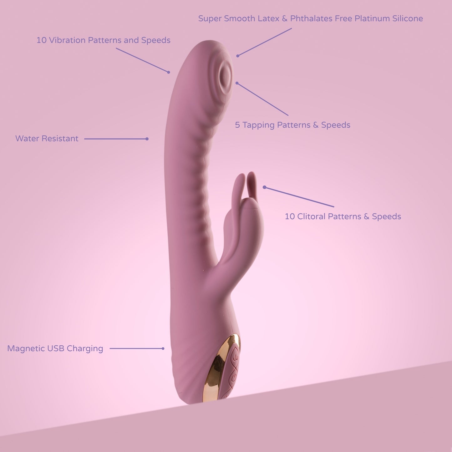 Soft pink rabbit vibrator showing 10 vibration modes, 5 tapping settings, magnetic charging, and body-safe silicone.
