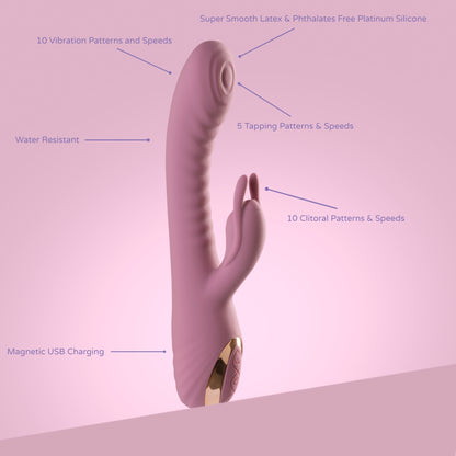 Soft pink rabbit vibrator showing 10 vibration modes, 5 tapping settings, magnetic charging, and body-safe silicone.