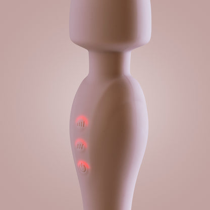 Close-up of pink wand vibrator with power and mode buttons illuminated